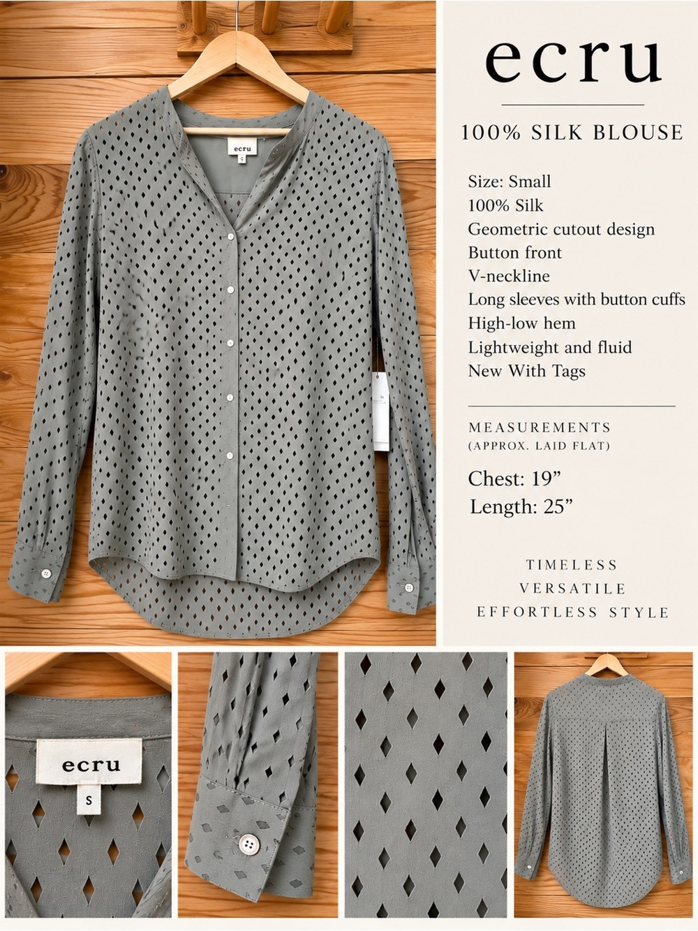 Ecru NWT 100% Silk Laser Cut Eyelet Blouse Small